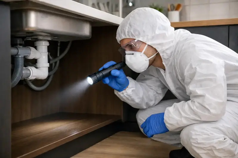 Technicien en combinaison inspectant à la lampe le dessous d'un évier à la recherche de cafards