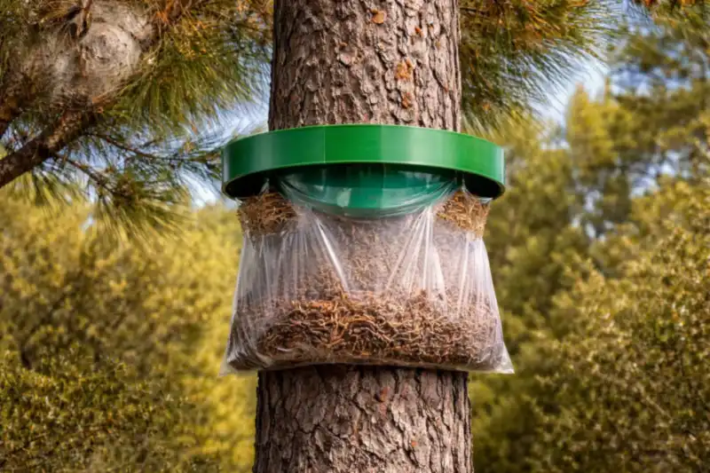 Écopiège posé autour d'un tronc de pin pour capturer les chenilles processionnaires à la descente
