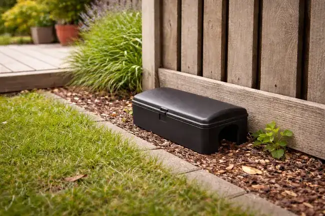 Poste d'appâtage sécurisé posé le long d'une clôture en bois dans un jardin