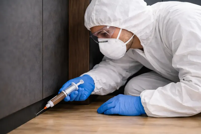 Application d'un gel anti-cafards à la seringue le long d'une plinthe dans un logement