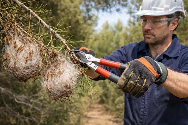 Technicien coupant au sécateur une branche de pin portant un nid de chenilles processionnaires