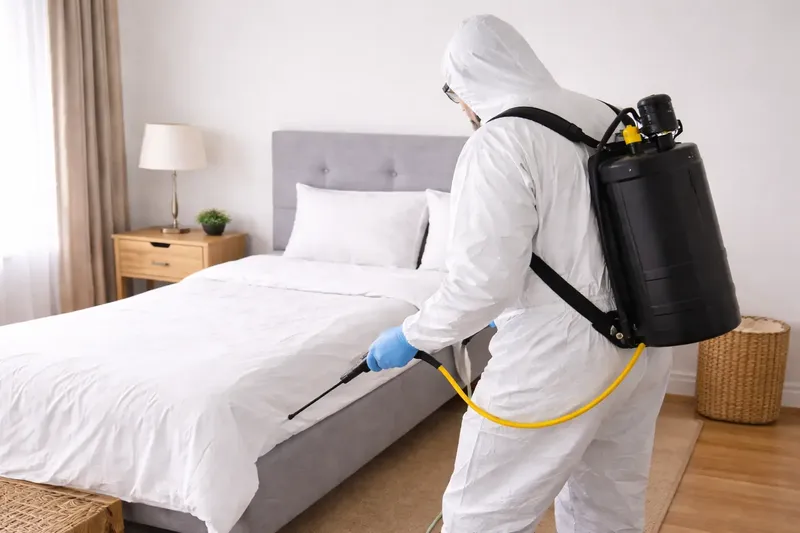 Technicien en combinaison pulvérisant un traitement au pulvérisateur à dos le long d'un lit
