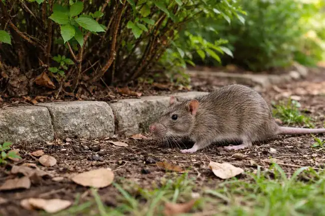 Rat surmulot au pied d'un massif dans un jardin