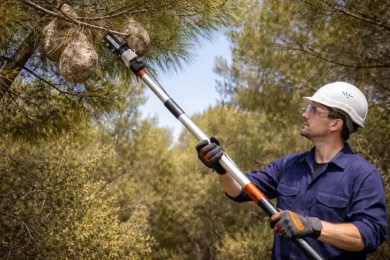 Technicien retirant à la perche télescopique un nid de chenilles processionnaires en hauteur dans un pin