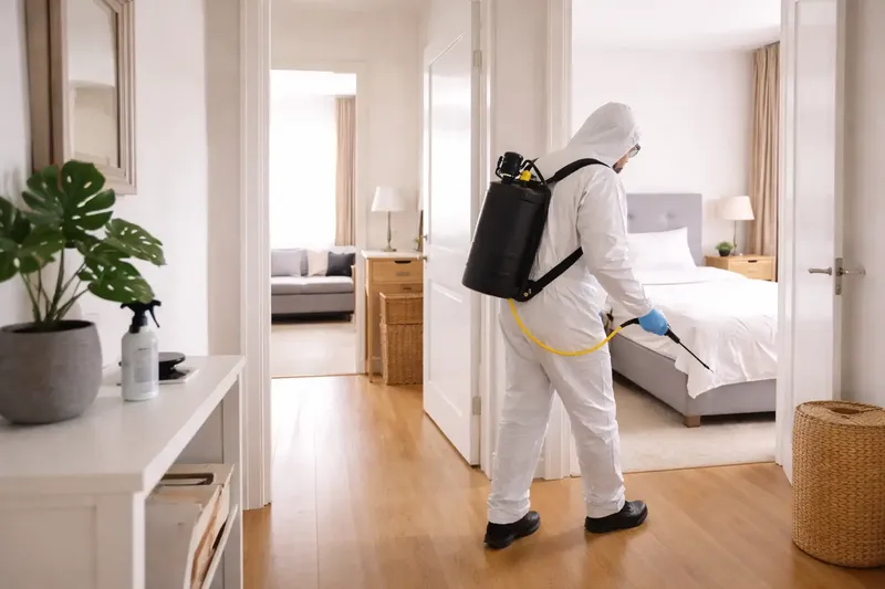 Technicien traitant une chambre au pulvérisateur, vue depuis le séjour d'un appartement
