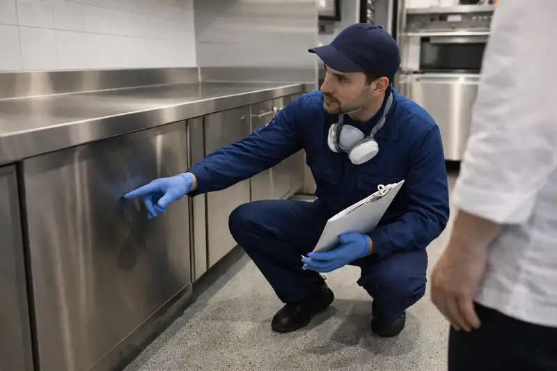 Technicien contrôlant un plan de travail inox dans une cuisine de restaurant