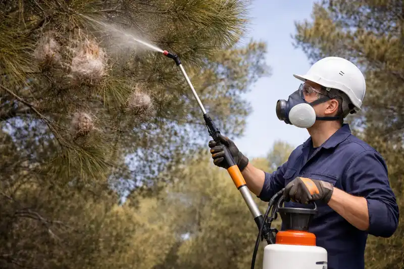 Technicien équipé d'un masque pulvérisant un traitement sur un nid de chenilles processionnaires