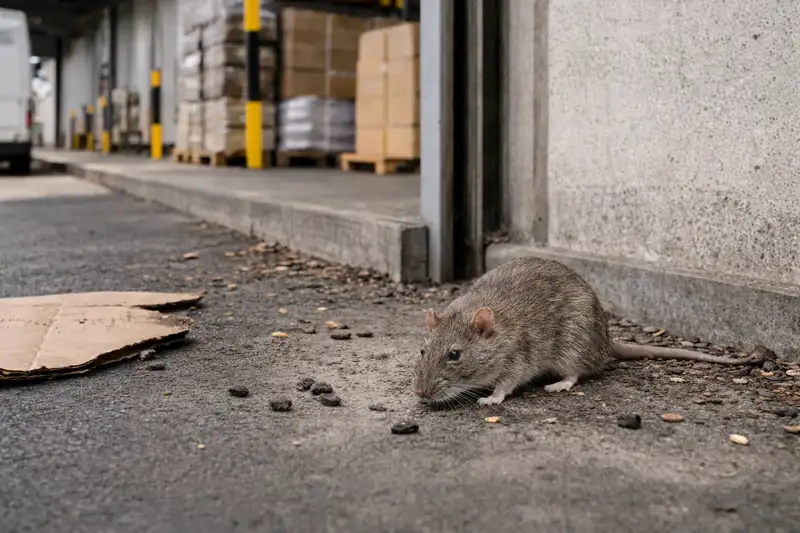 Rat et crottes de rongeur à l'entrée d'un entrepôt