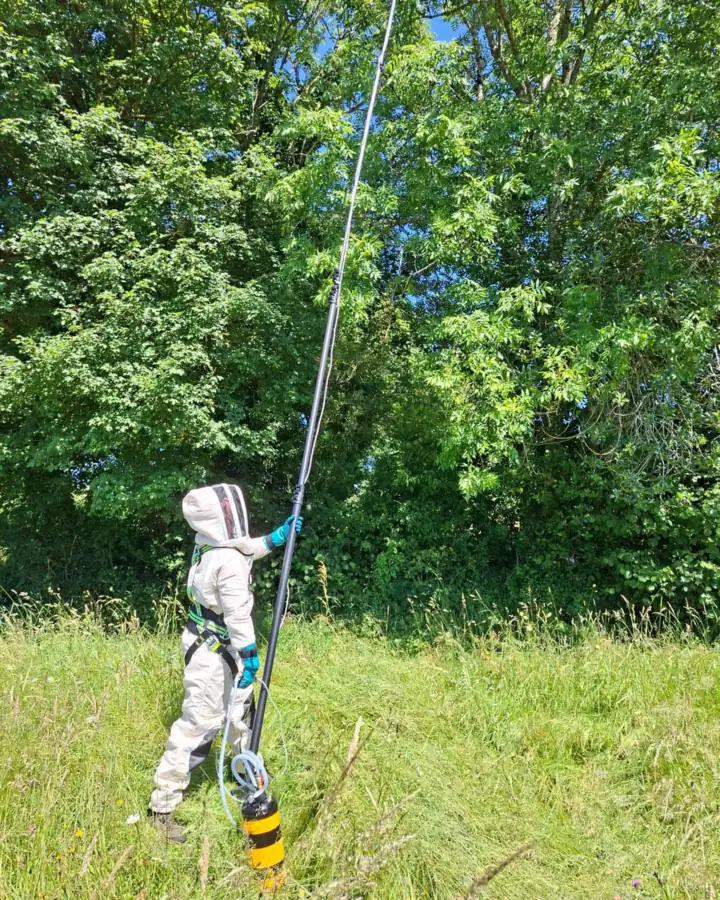 Technicien Derateam 3D en combinaison de protection, perche télescopique en main, pour détruire un nid dans le Puy-de-Dôme