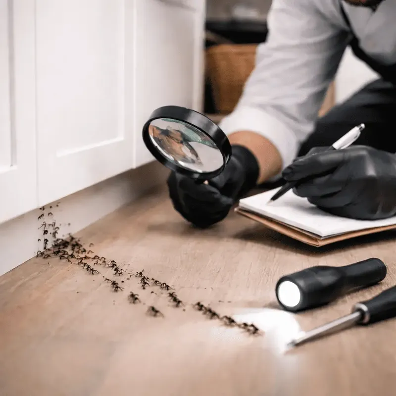 Main gantée avec loupe et lampe suivant une file de fourmis le long d'une plinthe