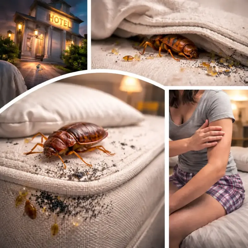 Punaises de lit sur un matelas, et bras d'une personne qui se gratte