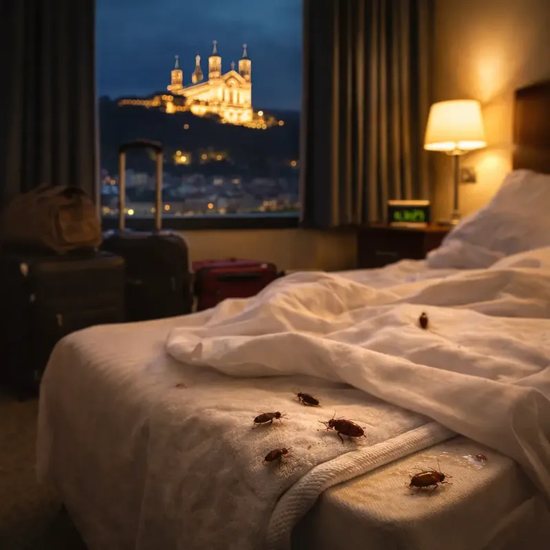 Punaises de lit sur un lit d'hôtel, la basilique de Fourvière illuminée à la fenêtre