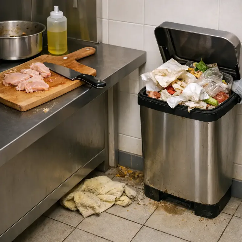 Poubelle ouverte et restes alimentaires dans une cuisine, cafards au sol