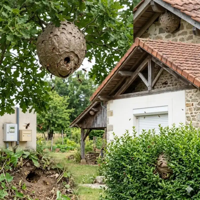 Nid de guêpes sous l'avant-toit d'une maison avec jardin