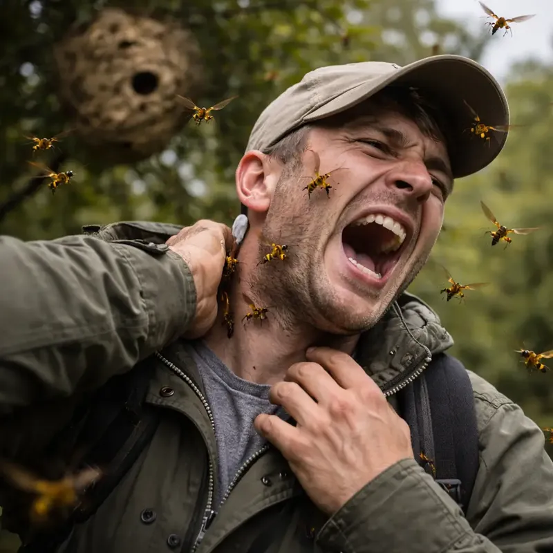 Homme attaqué par des guêpes, la main sur le cou