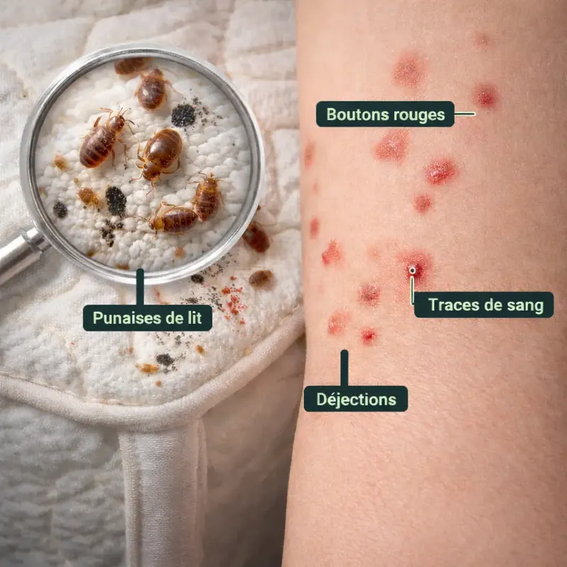 Schéma des signes de punaises de lit, insectes, déjections, traces de sang et boutons rouges