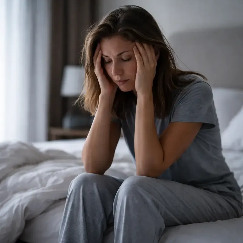 Personne assise au bord d'un lit, la tête dans les mains, épuisée