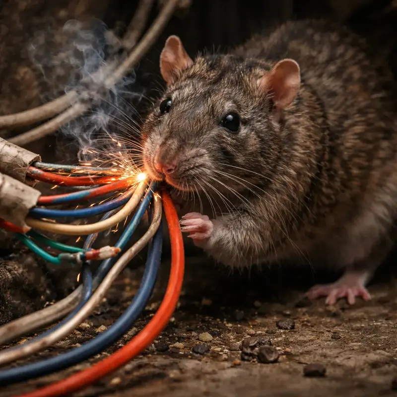 Rat rongeant des câbles électriques, gerbe d'étincelles